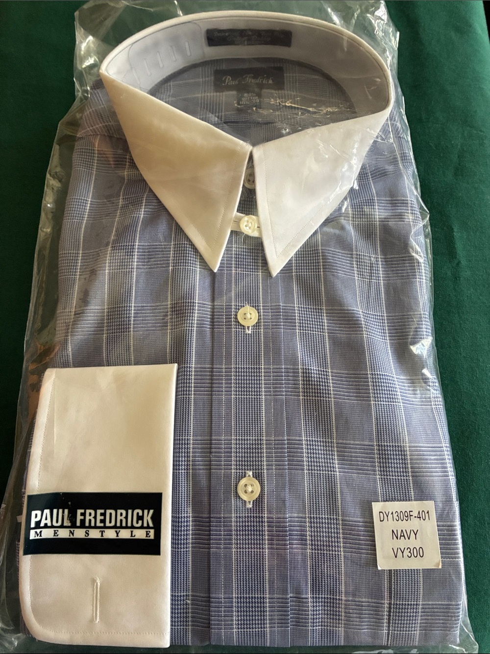 Paul Fredrick Navy Plaid Shirt with White Contrast Collar & Cuffs